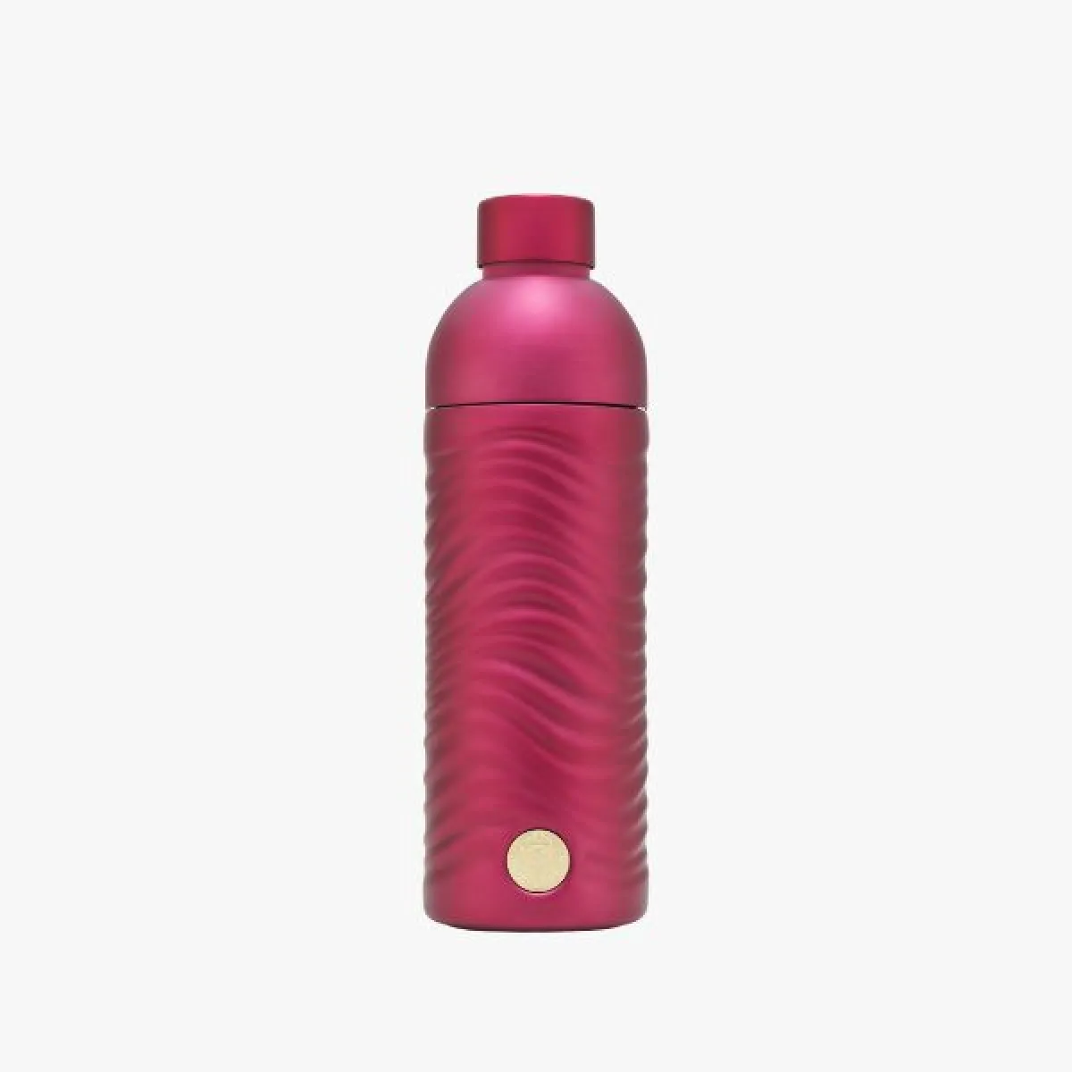 Purple metal drinking bottle with wave-shaped texture and small round gold Starbucks siren emblem at the bottom