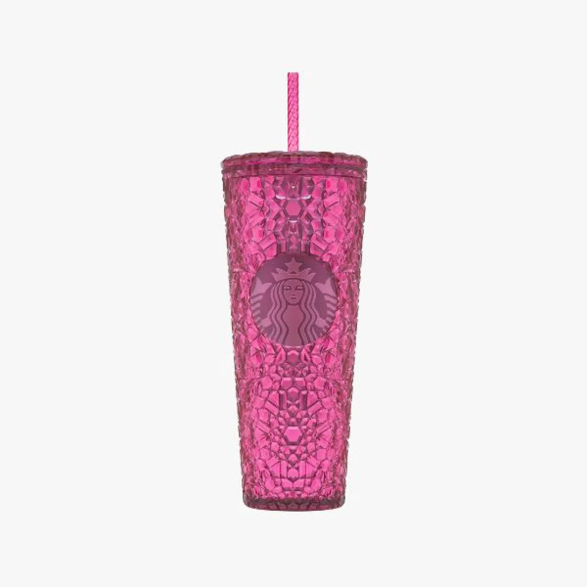 Bright pink plastic cold cup with geometric texture, matching pink lid, pink straw and Starbucks logo