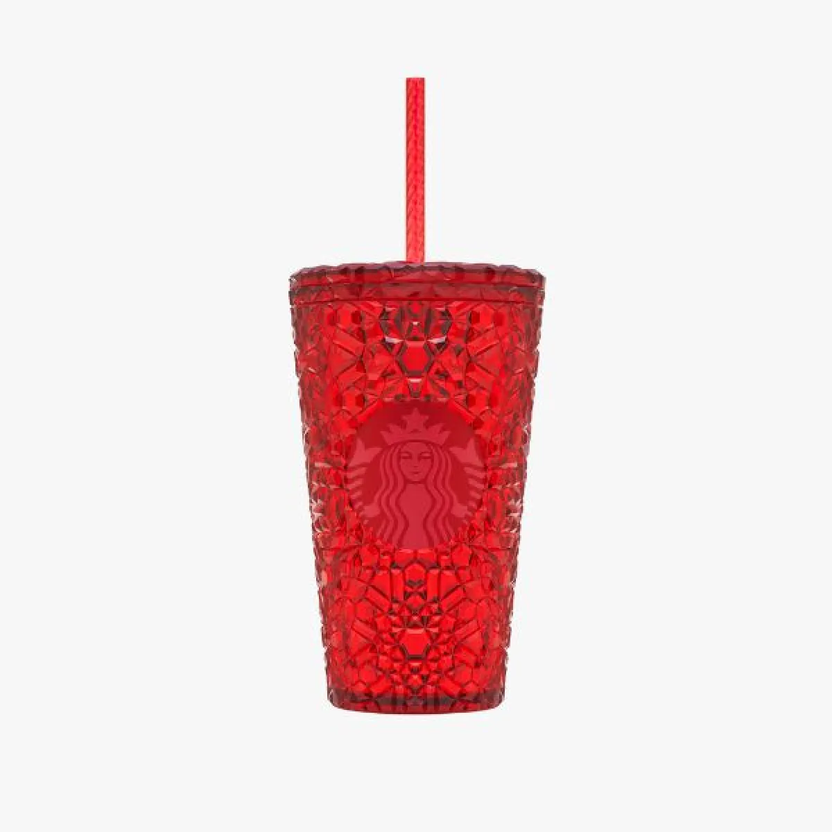 Bright red plastic cold cup with geometric texture, matching red lid, red straw and Starbucks logo