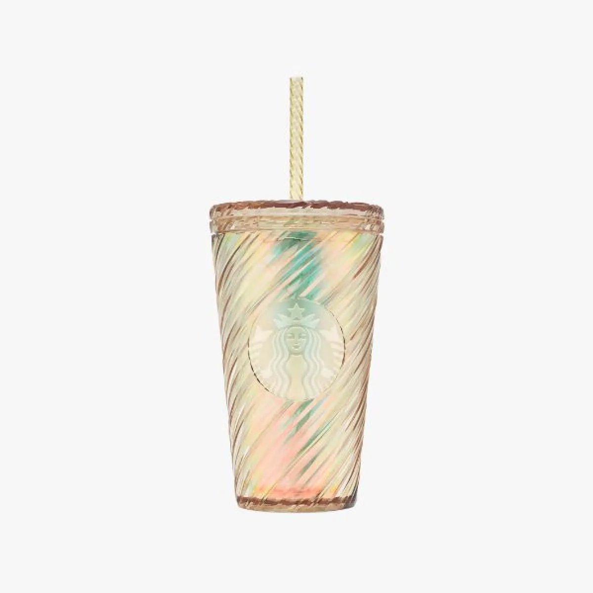 Priesvitný dúhový pohár (cold cup) so špirálovou textúrou, s vrchnákom stejnej farby a textury a svetložltou priesvitnou slámkou so špirálovou texturou