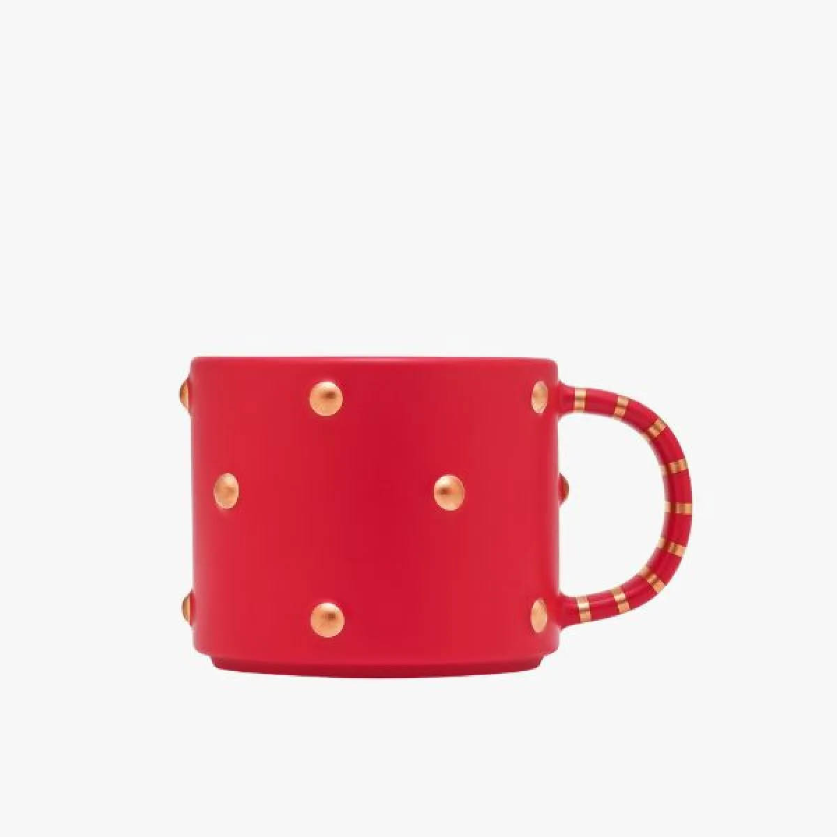Matt red ceramic mug with raised gold dots and red handle decorated with horizontal gold stripes