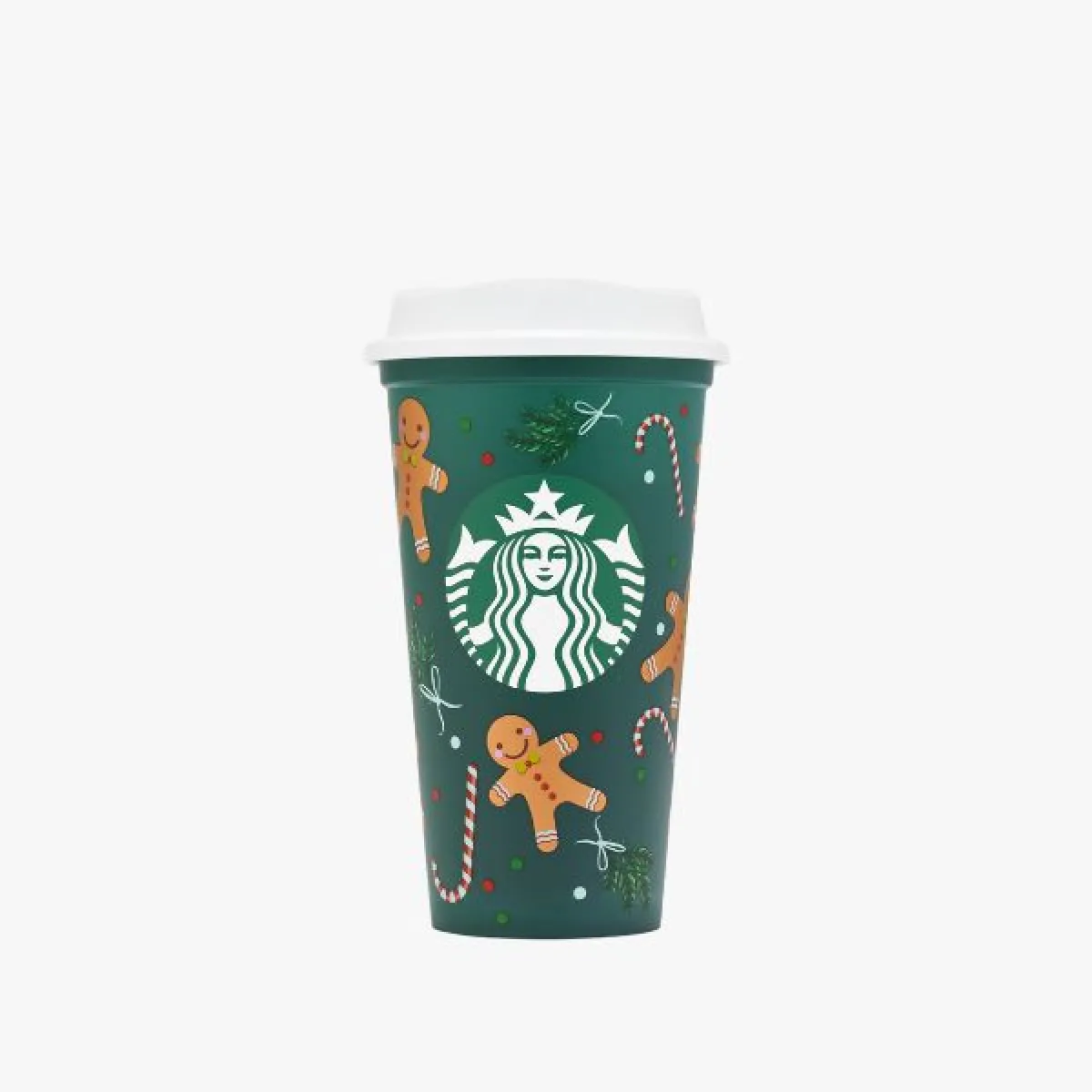 Green reusable cup with white lid, decorated with Christmas motifs of gingerbread houses, candy canes and the Starbucks logo. The cup temporarily turns red when hot liquid is poured into it