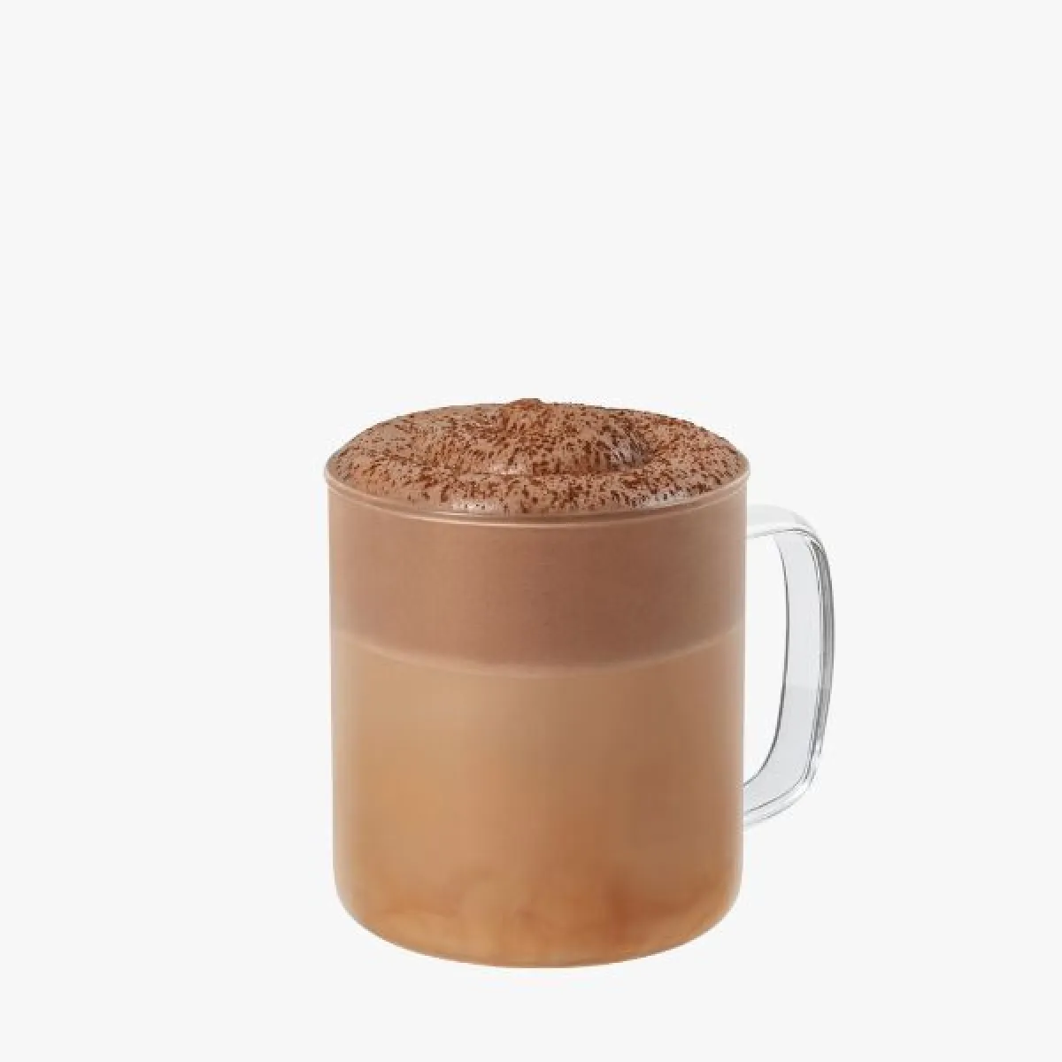 Hot chocolate drink in a transparent mug, topped with a generous layer of chocolate foam and sprinkled with cocoa powder.