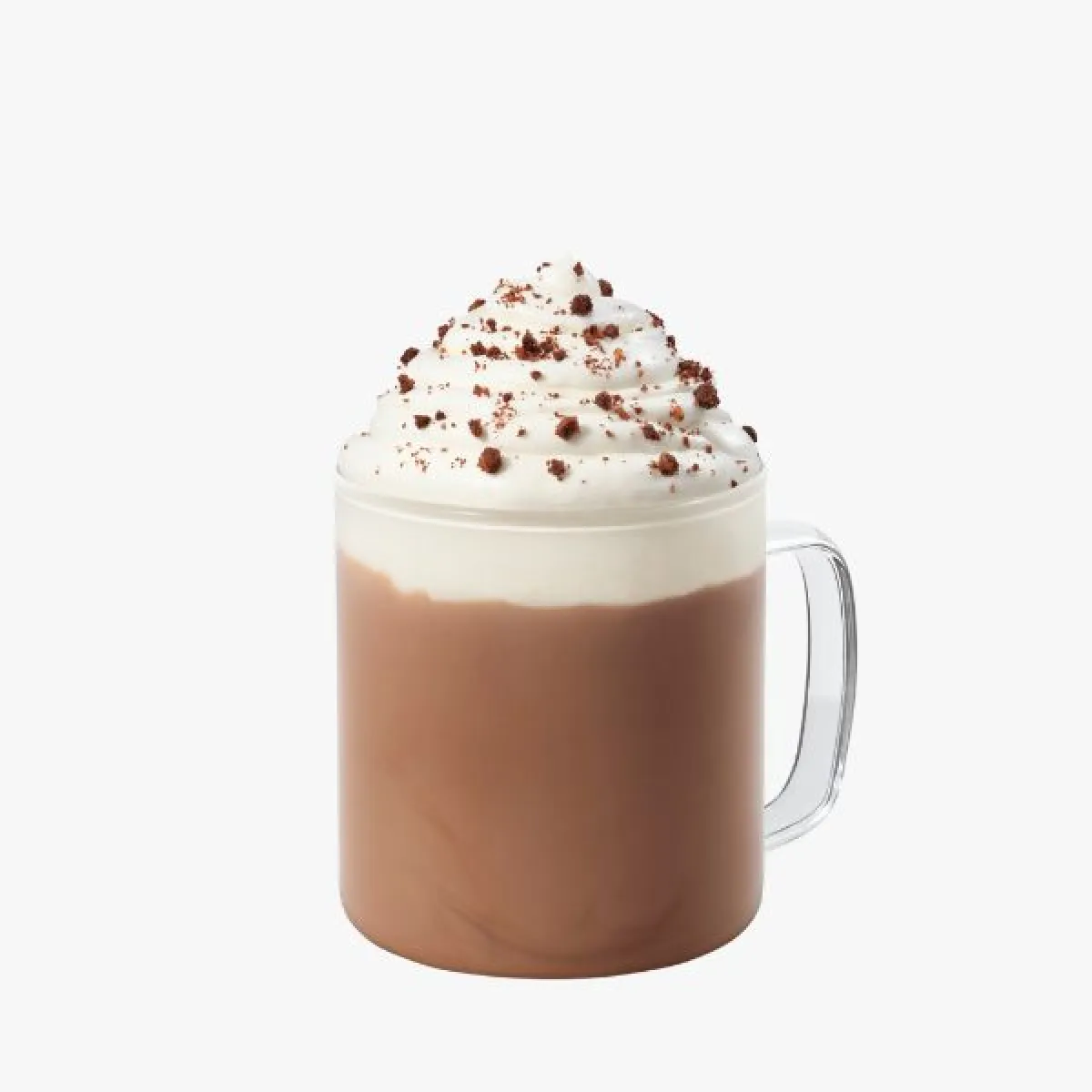 dark brown drink in a glass with whipped cream, sprinkled with crushed chocolate cookies