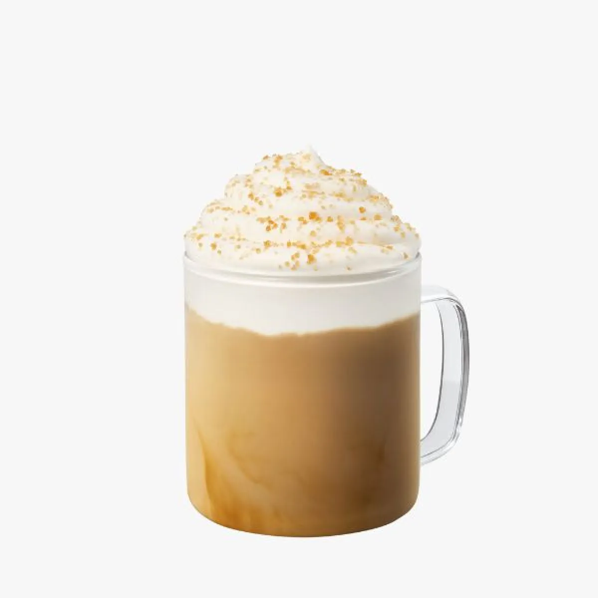 light brown drink in a glass mug with whipped cream and sprinkles