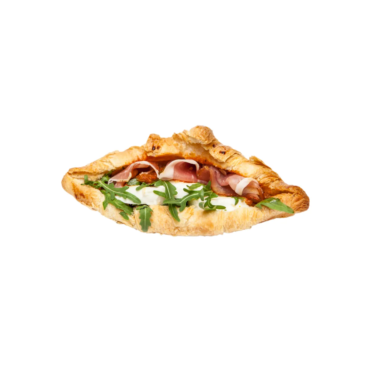 Croissant rozrezaný napoly pozdĺžne, plnený syrom šunkou a zeleninou