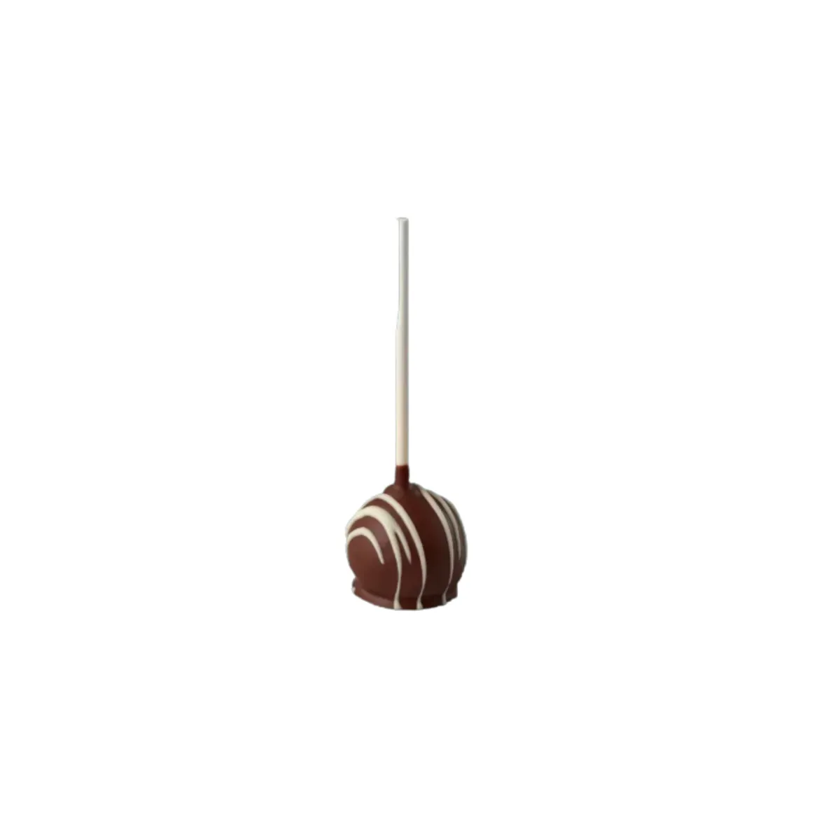 Čokoládový cake pop na tyčinke, zdobený tenkými svetlými linkami polevy.