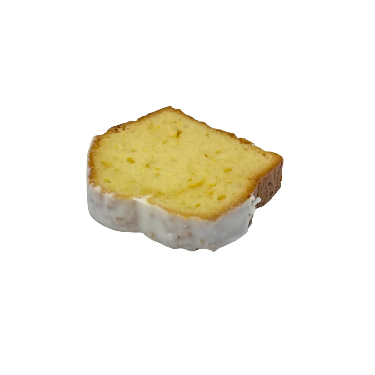 Svetlý plátok citrónového chlebíka s bielou cukrovou polevou na spodnej časti.