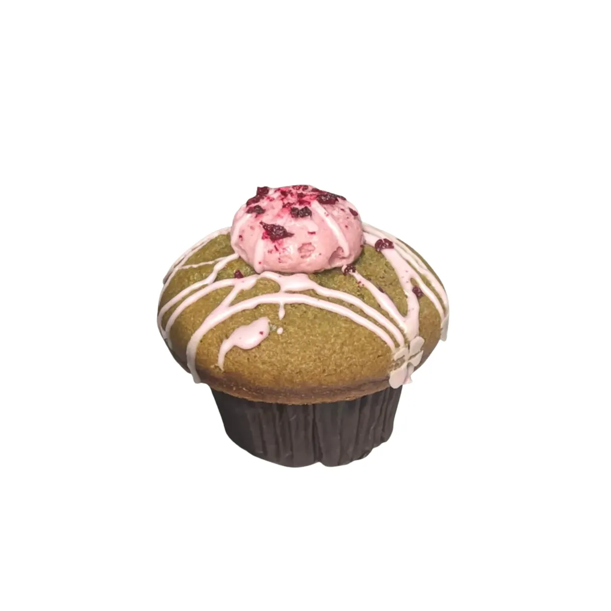 Muffin so zeleným cestom, zdobený svetlou polevou a ružovým krémom navrchu