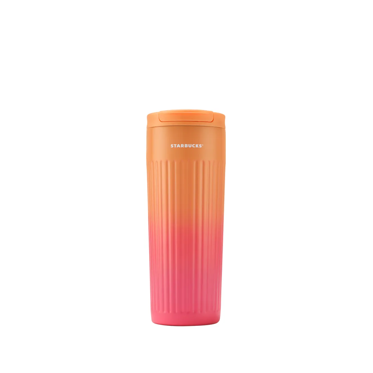 Nerezový tumbler s objemom 16 oz (473 ml) s jemným rebrovaním a elegantným broskyňovo ružovým ombré efektom. 