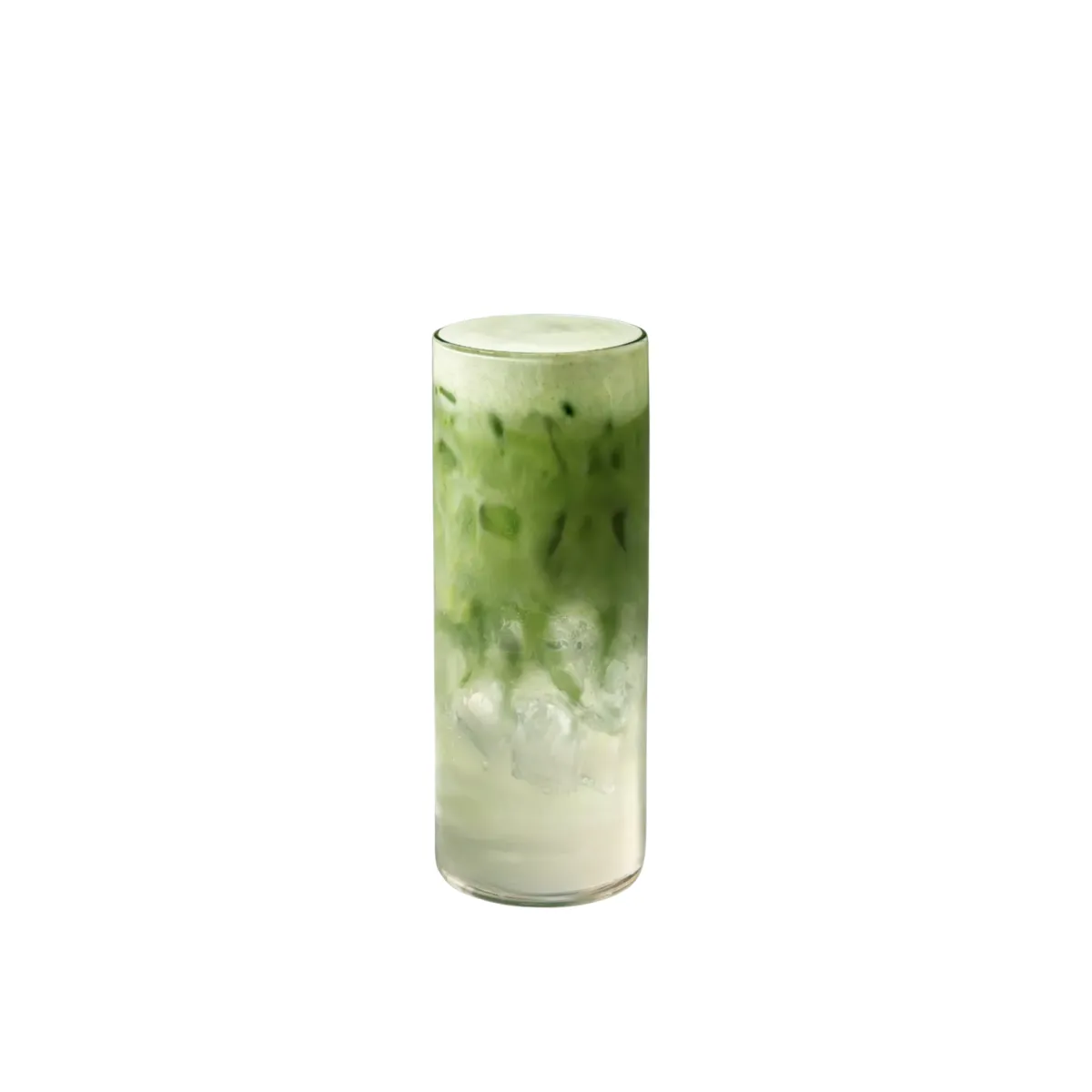 Vysoký, valcovitý pohár plný jemnej zelenej hmly – matcha sa zvnútra rozlieva ako dym cez priehľadnú tekutinu s drvením ľadu. Farba prechádza od tmavozelennej v strede až po takmer bielu pri dne. Pôsobí chladivo a tajomne.