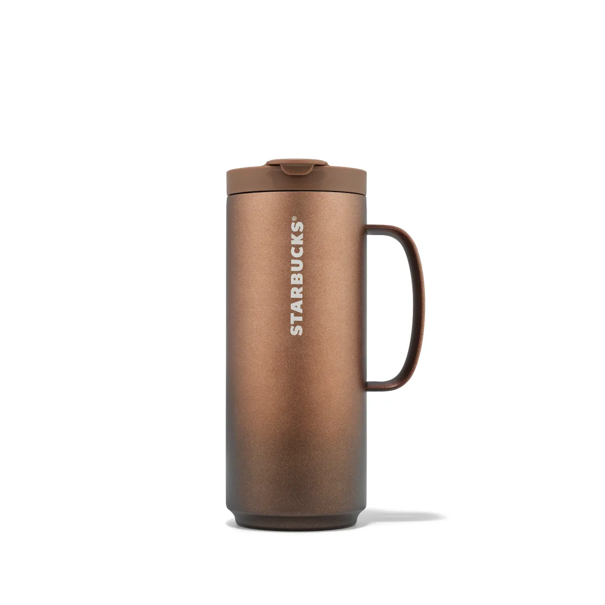 hnedý ocelový tumbler s praktickým uchom