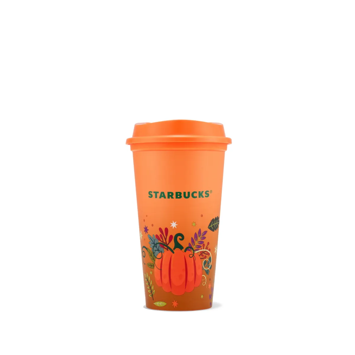 oranžový reusable cup v oranžovej barve s ilustrovaným printom tekvice
