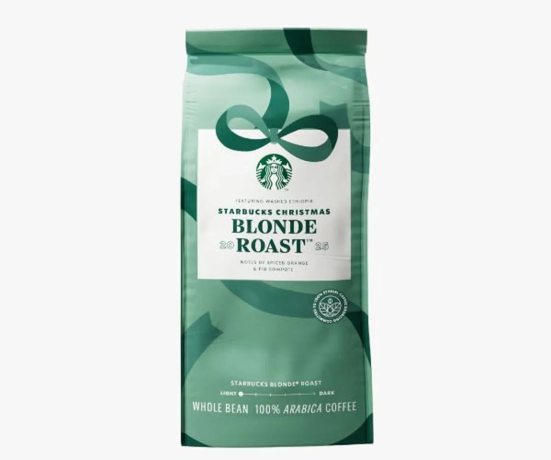 Light Green Bag of Christmas Blonde Roast Coffee Beans 2025