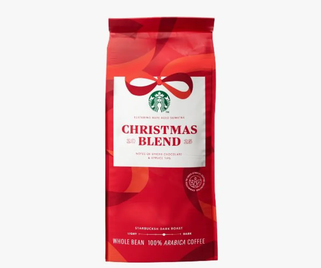 Red bag of Christmas Blend 2025 coffee beans